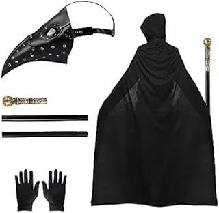 Plague Doctors Mask Long Nose Bird Steampunk Mask Halloween Mask with Unisex Hooded Cloak Cape, Cane, Black Gloves for Masquerade Halloween Costume Props