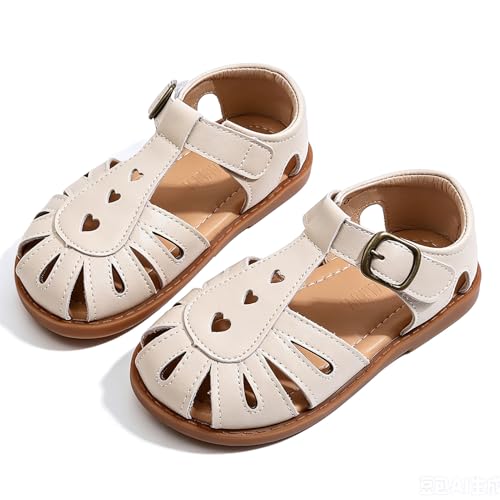 Image of Toddler Girl Sandals with Flower, Breathable Leather kids Closed Toe Sandals, Soft Rubber Non-Slip Summer Shoes for Little Girls 2-7 Years