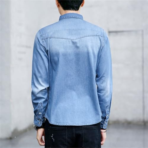 Kelsiop Men's Denim Shirt Cotton Slim Long Sleeve Jeans Jacket Street Fashion Handsome Autumn Button-Down Shirt3