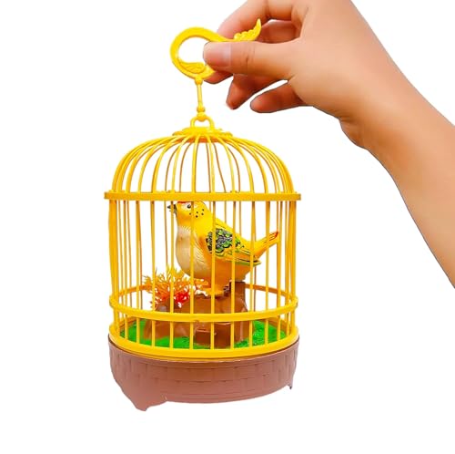 Image of VGRASSP Sound Activated Chirping Bird in Hanging Cage - Beautiful Pinjra Bird Toy for Kids with LED Light- Clap to See The Moving Beak and Flapping Wings - Color and Design As Per Stock (Design 2)