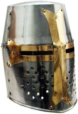 Great Brass Crusader Helmet Halloween Decorations Costumes, Full Size, Silver, Gold Finish | Perfect for Cosplay, LARP, and Historical Reenactments.
