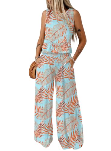 Image of Dokotoo Pants Sets Women 2 Piece Outfits Sleeveless Round Neck Tank Tops Matching Sets for Women Elastic Waist Wide Leg