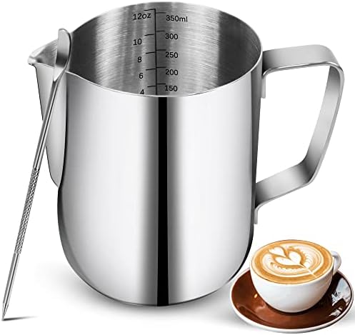 NewGF Milchkännchen 600ml 20oz, 304 Edelstahl Aufschäumkännchen Milch Aufschäumer Kännchen Tasse mit Latte Art Pen Milch Aufschäumen für Cappuccino Latté Silber