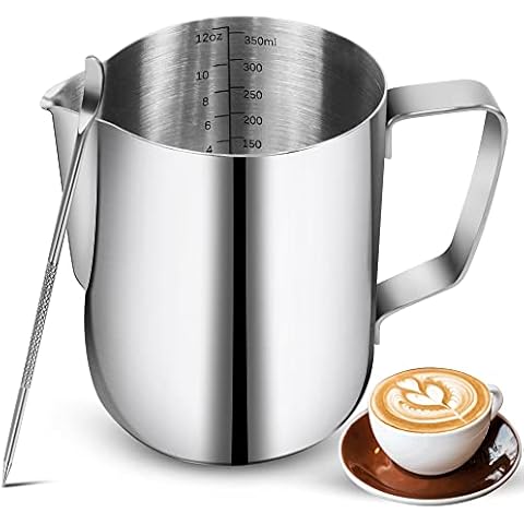NewGF Milk Frothing Pitchers-12oz/350ML Stainless Steel Steaming Pitchers, Scale Coffee/Milk/Cappuccino/Latte Art Barista Steam Pitchers, Milk Jug Cup with Decorating Pen-Silver Cover