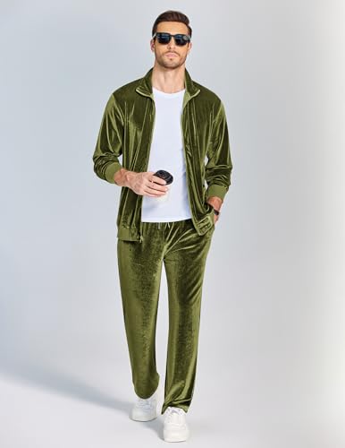Survêtement velours homme vert militaire COOFANDY ensemble jogging avec veste zippée col montant L - 4