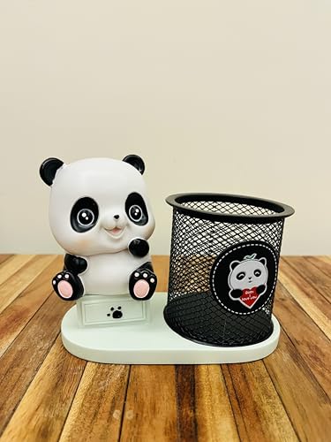 Image of Cute Panda Pen Holder with Mesh Cup Organiser, Desk Accessory, 4.5 inch, Black and White