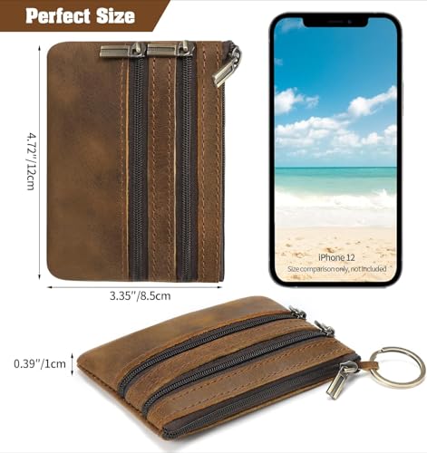 Real Leather Coin Purse for Men Genuine Real Leather Zippered Keychain Wallet Pouch for Coins (Blue)2