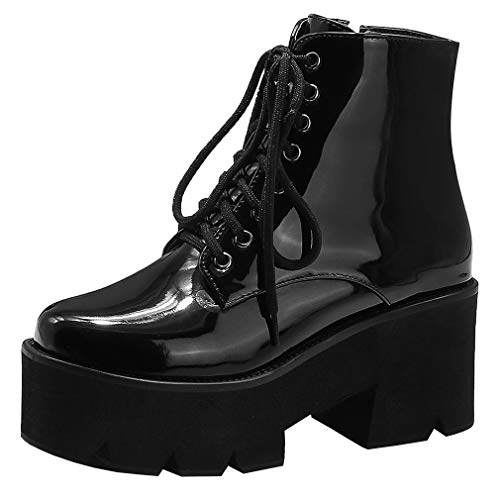 Image of Parisuit Womens Goth Patent Ankle Boots Platform Chunky Combat Boots | Lace Up, Gothic Boots, High Heel, Punk Short Booties, Buckle Boots, Chain Boots