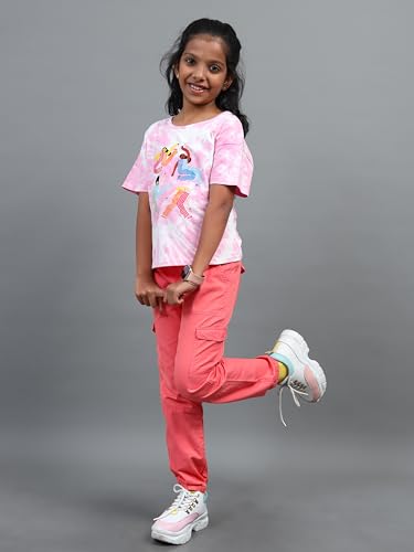 Image of Under Fourteen Only Girls Cotton Round Neck Tie-Dye T-Shirt | Soft & Comfortable Knit Fabric | Stylish Half Sleeve Casual Top for Kids | Trendy Everyday Wear | Pink (10-11 Years)