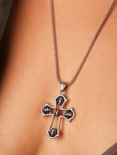 Sacina Gothic Punk Skull Necklace, Stainless Steel Skull Cross Pendant, Cross Necklace, SGothic Necklace, Goth Necklace, Halloween Necklace, Christmas New Year Jewelry Gift for Women