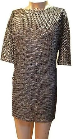 Medieval Round Riveted Chainmail Hauberk, Half Sleeves, Long Shirt, Oiled Finish, Medium Size Silver
