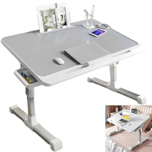 Folding Bed Desk for Laptop, Multifunctional Adjustable Tilt Lap Desk with Hidden Drawer and Folding Legs for Sofa Eating, Working, Gaming, PVC Leather Non-Slip Table Top