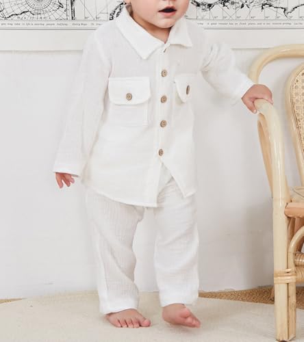 Image of VISGOGO Toddler Boy Linen Outfit Baby Boy Fall Winter Clothes Set Button-Down Shirt Tops Cotton Linen Pants 2PCS