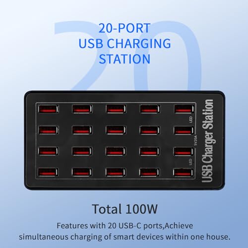 Image of Charging Station, 100W 20-Port USB Multi Device Charger Hub with Intelligent Safety Features, Compact Power Strip for Phones, Watches, Pads, Speakers, Headphones & PS, Ideal for Home Office & Travel
