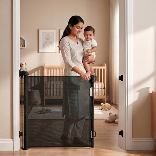 A Baby Cherry - Baby Saftey Gate Retractable | Stairs & Pet Safety | Wide Mesh Gate 33" Tall | Expandable 55" | Indoor/Outdoor, Childproof Auto Lock (Black)