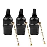 Phenolic Medium Base Light Socket with Pull Chain Switch,3 Pack TWDRTDD Black Period Style E26 E27 Edison Retro Pendant Lamp Holder (1/8 IP Thread Cap)
