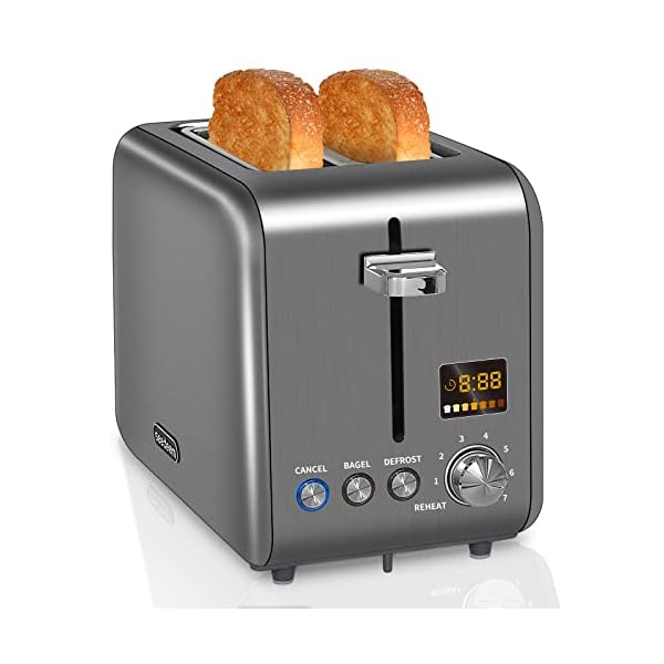 SEEDEEM Toaster 2 Slice, Stainless Steel Bread Toaster with Colorful LCD Display, 7 Bread Shade Settings, 1.4'' Wide Slots Toaster with Bagel/Defrost/Reheat Functions, Removable Crumb Tray, 900W, Dark Metallic