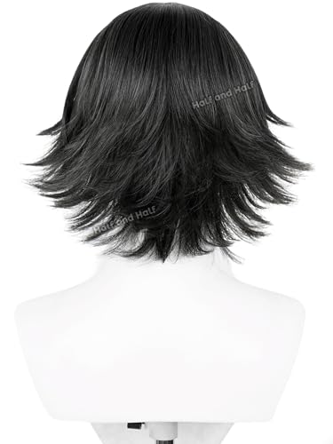 Image of Ranpo Cosplay Wig Black Juuzou Wigs Short Black Anime Male Wig with Bangs | Black Spiky Layered Synthetic Hair for Women Men Halloween Party