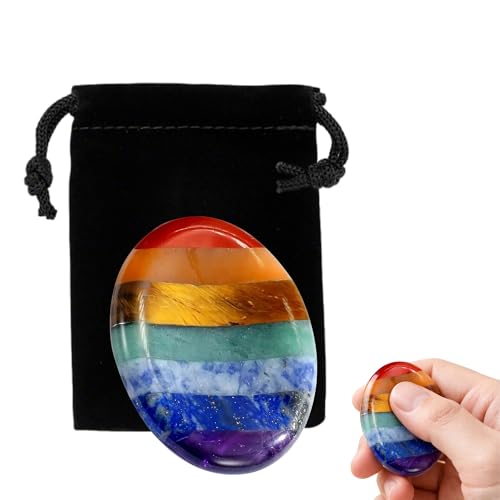 1Pc 7 Chakra Crystal Worry Stone for Anxiety Relief for Adults Healing Crystal Gifts for Women Polished Crystal Gemstone Thumb Stone Mindfulness Gifts Small Gifts Stocking Fillers with Velvet Bag