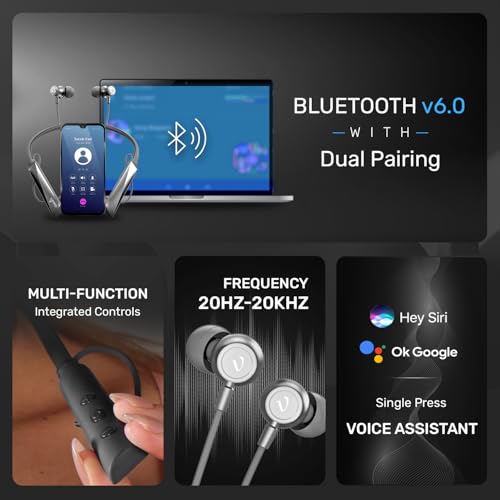 Image of Voods Ultra Plus Voice Changer Neckband with 5 Voice Modes, 130 Hrs Battery, Magnetic On /Off Buds, Call Vibration Alert, Dual-Device Pairing, HD Mic & AI-ENC Clear Calls, Fast Charging & IPX6 (Grey)