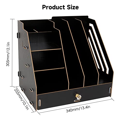 Tonsmile Office Wooden Stationery Desk Tidy Storage Organiser Holder Sorter for A4 Papers, Books, Pens, and Notebooks (Black) (TS2303)