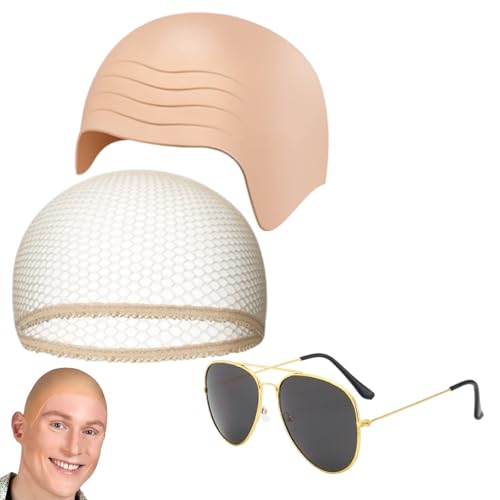 WORUIB Lot de 3 bonnets chauves, perruque chauve avec filet à cheveux en maille et lunettes, accessoires de costume réalistes pour Halloween, cosplay, spectacles théâtraux, costume Pitbull