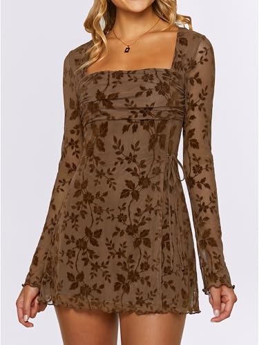 Image of Caracilia Womens Sexy Mesh Ruched Mini Dresses Long Sleeve Square Neck Tie Fall Club Party Cocktail Short Dress 2026 Fashion