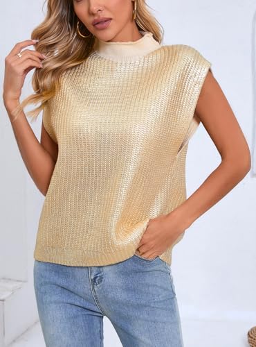 Ladyful Women's Sweater Vest Metallic Sleeveless Glitter Tops Mock Neck Loose Fit Knit Pullover2