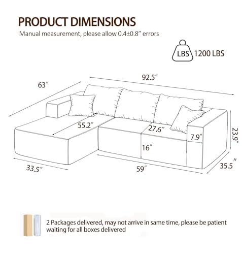 Image of 92.5 inch Modular Sectional Sofa, L-Shape 3 Seat Memory Foam Boneless Couch for Living Room, Cloud Couch with Oversized Chaise, No Need Assembly - Brown(Left Facing Chaise)