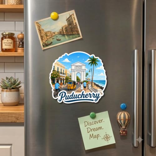 Image of Puducherry Theme Souvenir Wooden Fridge Magnet for Refrigerator - Printed Fridge Magnet for Kitchen & Fridge Decor | Perfect Souvenir Gift | Fridge Decoration | Size 3x3 Inches | Pack of 1