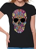 Women's Black Flower Sugar Skull T-Shirt Day of The Dead Shirt XL Black