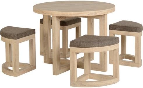 Round Dining Table Set - Sonoma Oak Effect Veneer - Brown Upholstered 4 Chairs, Removable Legs and Space Saving Furniture