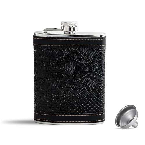 Image of Hip Flask with Funnel Pocket 240 Ml Stainless Steel for Men & Women 8oz - Whisky Vodka Alcoholic Liquor Holder Drinks Carrying Case Leakproof Travel Flasks Drinks, (Snake Skin Leather)