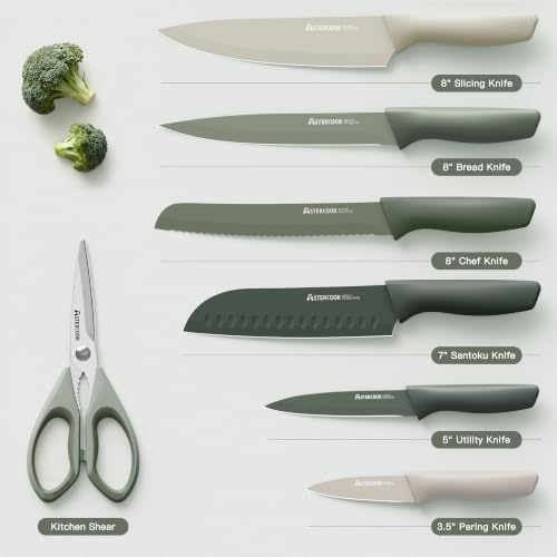 Astercook Knife Set, 13 Pieces Kitchen Knives Set with Healthy Anti-Rust Coating, Dishwasher Safe, Stainless Steel Chef Knife Sets with 6 Blade Guards, Perfect Holiday Gifts for Kitchen Green by Astercook - Used condition - Image 6