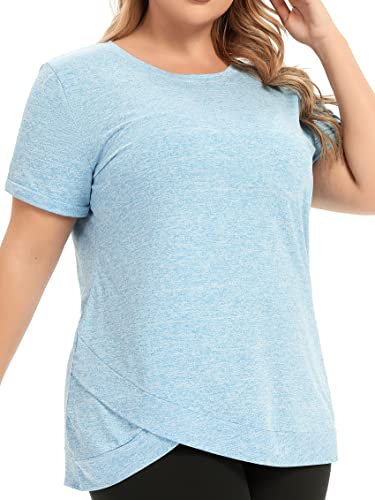 FOREYOND Plus Size Tops for Women Short Sleeve Athletic Workout Shirts Yoga Exercise Clothes Light Blue 2XL