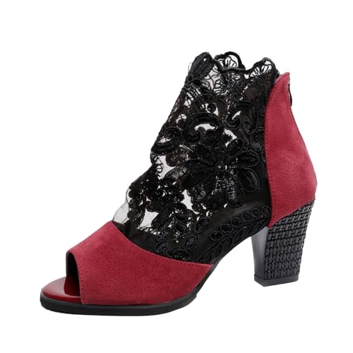 Botas de tobillo con cremallera lateral para mujer, botas cortas para mujer, zapatos casuales de tacón alto para mujer, Red, 39.5 EU