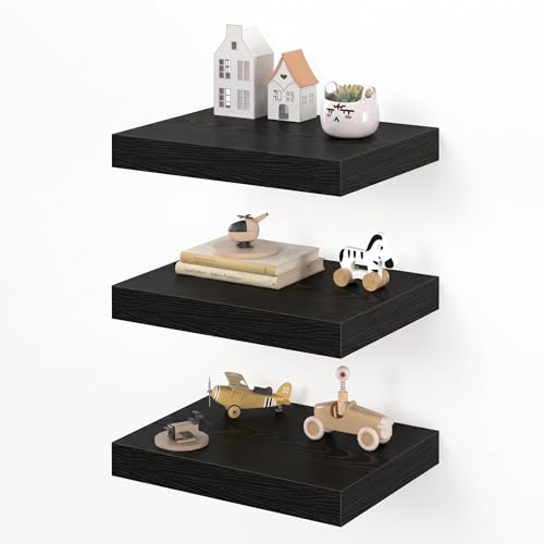 Image of Dreamland 16 inch Floating Shelves for Wall, 12 inch Deep Thicker Black Floating Shelves, Wall-Mounted Shelves for Bedroom, Living Room, Kitchen, Bathroom - Set of 3