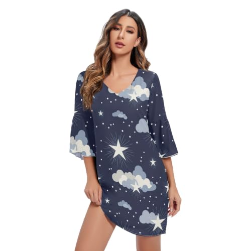 Robe d'été imprimée pour vos terrasses et vacances en bleu marine col V