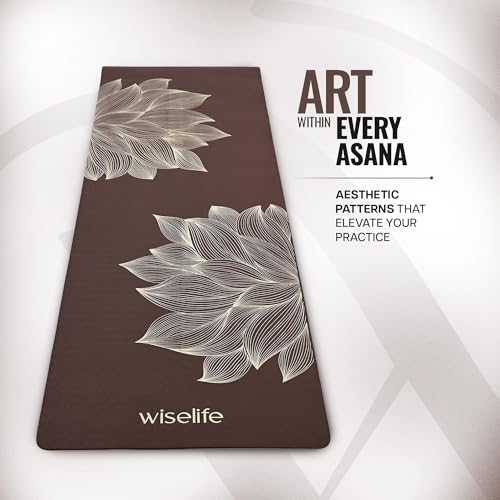 Image of Wiselife tpe Printed 6MM Yoga Mat + Yoga Strap For Men, Women, Kids|Anti-Slip Extra thick, long & Wide Exercise Sports Mat For Workout, Fitness, Yoga, Gym, Home & Pilates (Lotus-Brown)
