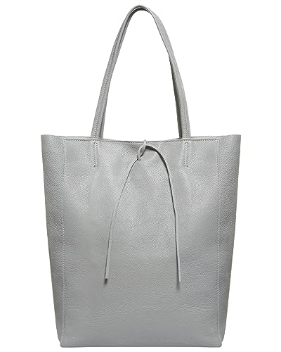 Image of Genuine Italian Leather Tote Bag for Women, Large Slouchy Purse, Grey | Unstructured bag, raw unlined interior with zip pocket, top zipper, side ties, folds flat, fits a 16-inch laptop, lightweight