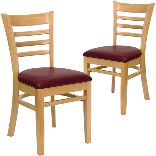 Image of Flash Furniture 2 Pk. HERCULES Series Ladder Back Natural Wood Restaurant Chair - Burgundy Vinyl Seat