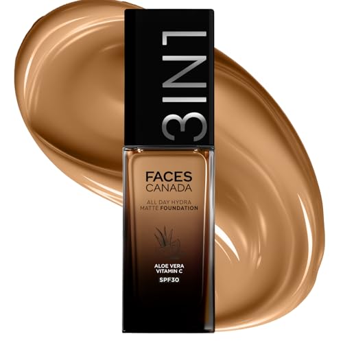 Image of FACES CANADA All Day Hydra Matte Foundation | 3-in-1 Foundation + Moisturizer + SPF 30 | 24 HR Aloe Hydration & Vitamin C | 10HR Long Wear | Medium to High Buildable Coverage | Warm Tan 051 | 30ml