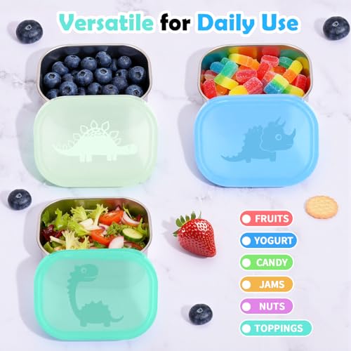 Image of Tanjiae 3x8oz Small Stainless Steel Snack Containers for Kids and Toddlers - 230mL Leakproof Food Containers with Cute Dino Lids | LFGB Certified, Stackable Metal Snack Box for School, Daycare, Travel