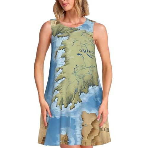 Robe d'été pour femme imprimé Grèce sans manches vêtement de vacances décontracté