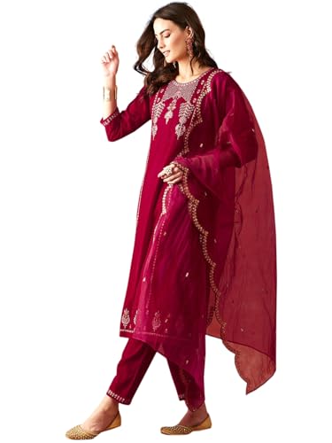 TRENDMALLS Damen Samt Stickerei Salwar Anzug Set Kurta Hose mit Dupatta Pink Kurta Set für Frauen, rose, 48