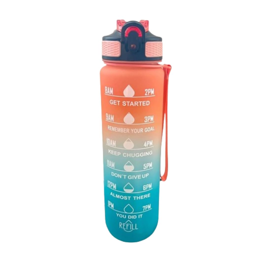 Spinegear Orange Blue 1Liter Water Bottle | Motivational Water Bottle With Time Marker & Straw | Bpa-Free Tritan Leakproof Design, One-Click Open For Hydration Goals (, 1 Litre) 32Oz