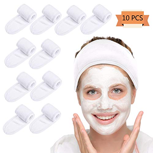 Spa Facial Headband, Haomian 10 Packs White Head Wrap Soft Terry Cloth Headband Towel with Magic Tape for Bath, Makeup and Sport, 3.3" x 23.6"
