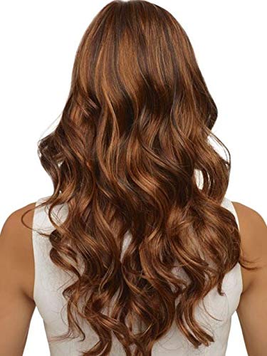 Brianna Wig Color GOLDEN NUTMEG 15" Wavy Long Layers Soft Bangs Synthetic Lace Front Monofilament Top Beach Waves Natural Hairline Bundle MaxWigs Hairloss Booklet