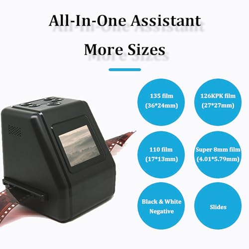Image of Mini Digital Film and Slide Scanner, Film Negative Scanner, Converts 135, 126, 110, Super 8 Film Negatives Slides to 22 M JPEG Images, Adapters with 2.0 LCD Screen