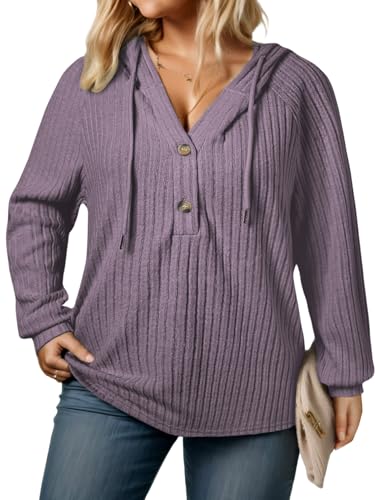 VISLILY Womens-Plus-Size-Hoodies Button V Neck Lightweight Knit Sweaters Casual Long Sleeve Tops Drawstring Hooded Sweatshirt
